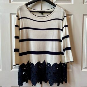 BLACK AND OFF WHITE LONG SLEEVE SWEATER WITH BLACK LACE BOTTOM BY LANE BRYANT
